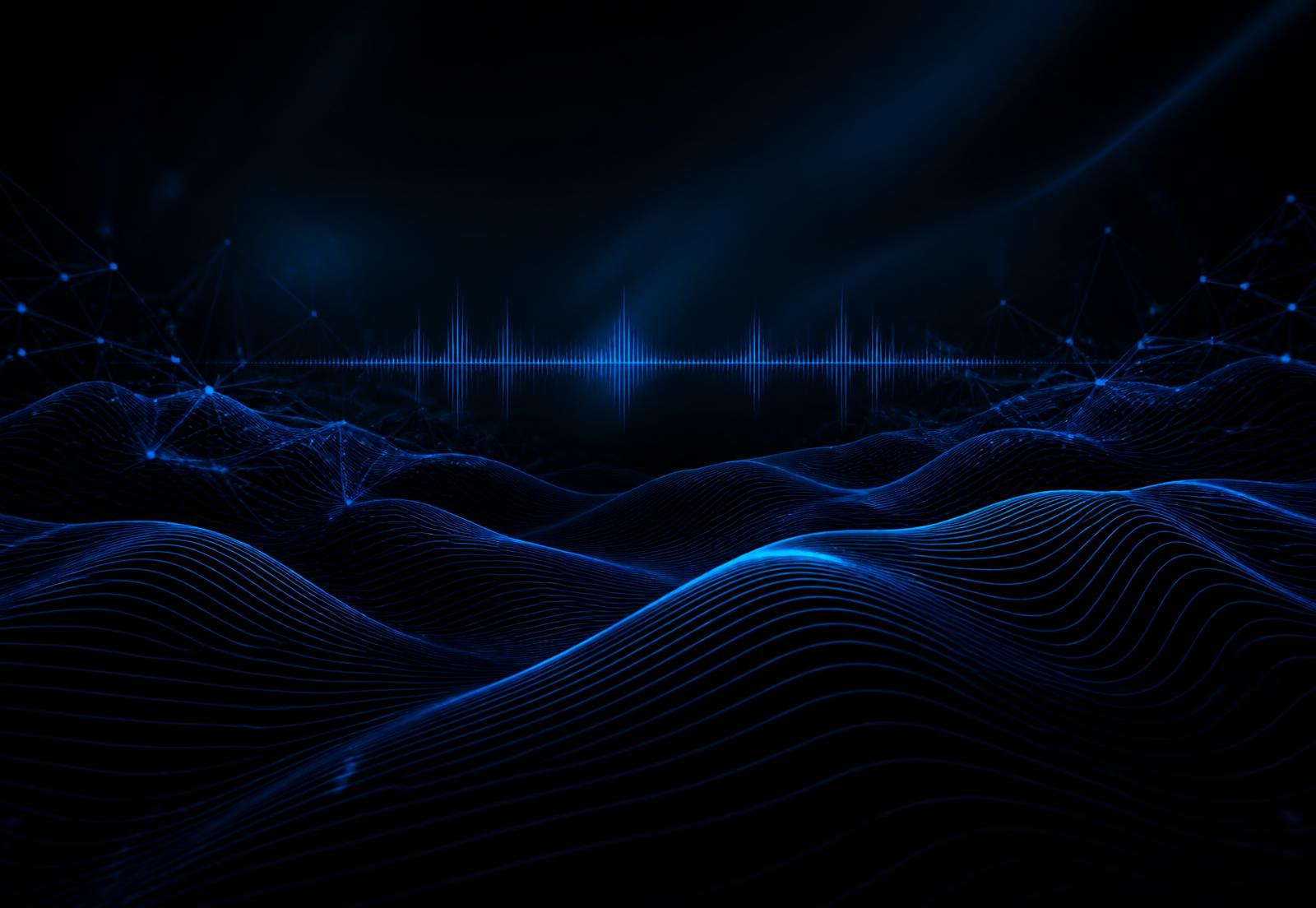 Onda de audio azul sobre una retícula digital